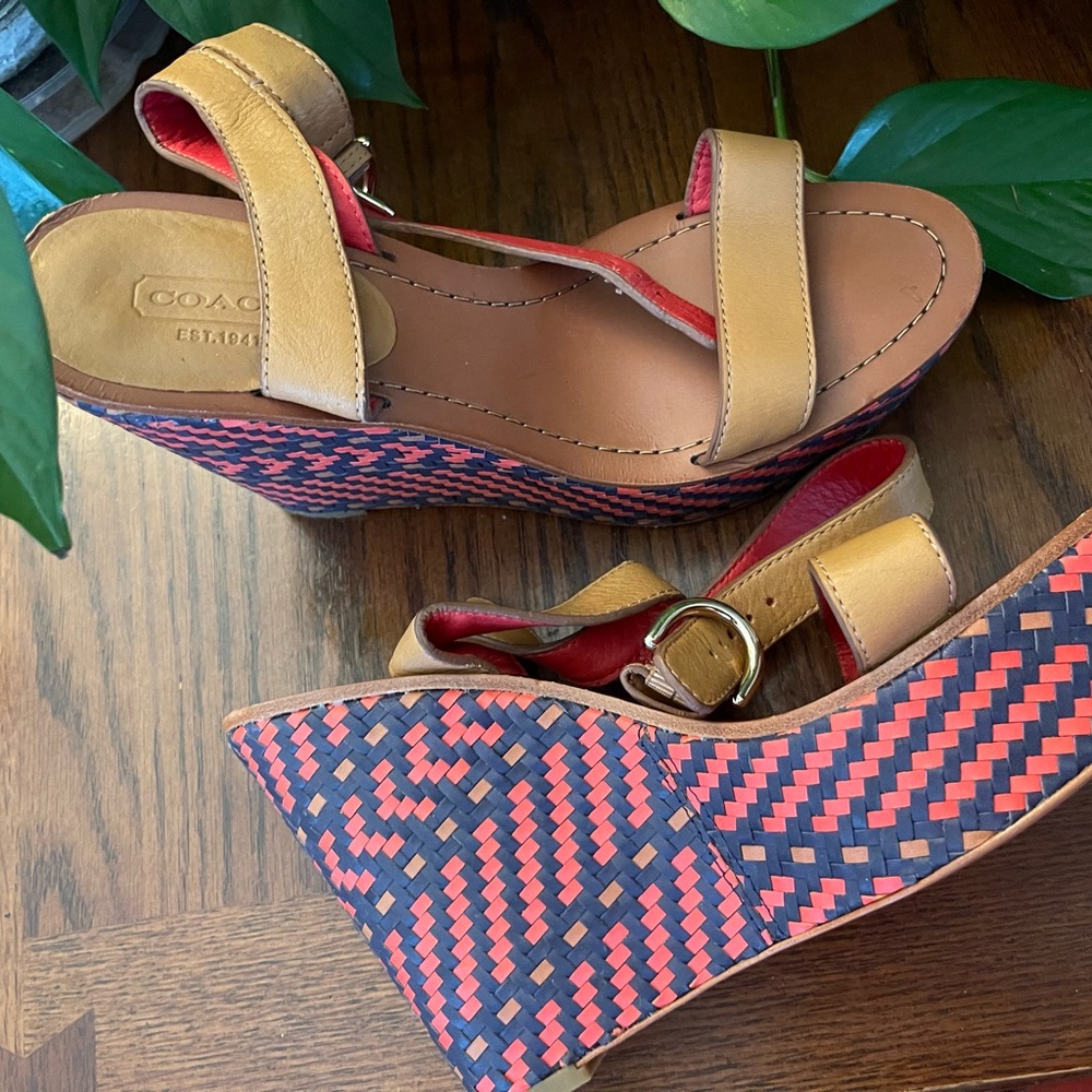 Coach Tan and Red Woven Wedge Sandals